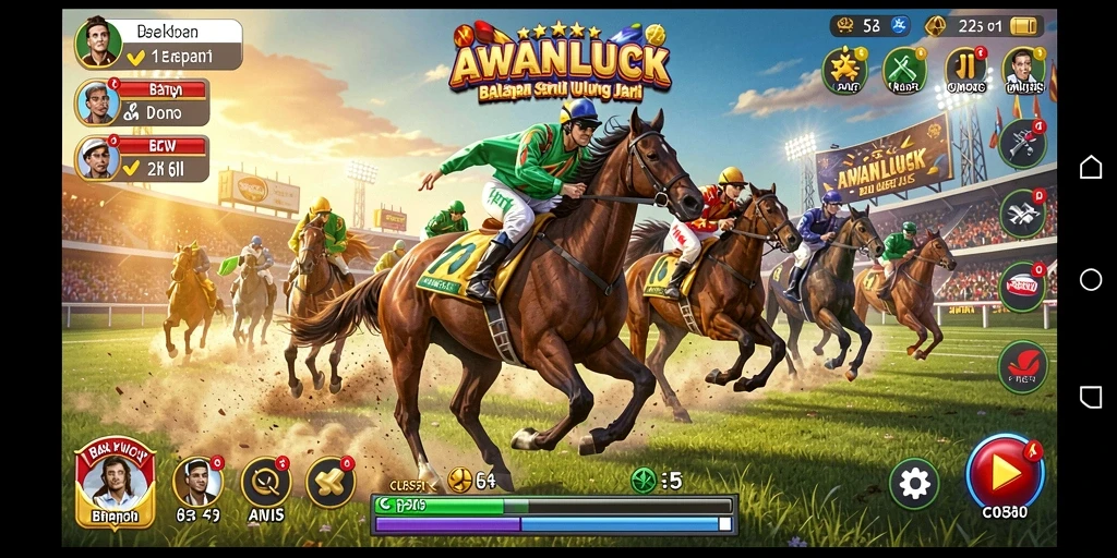 Screenshot gameplay AWANLUCK menampilkan balapan mendebarkan di trek yang beragam.