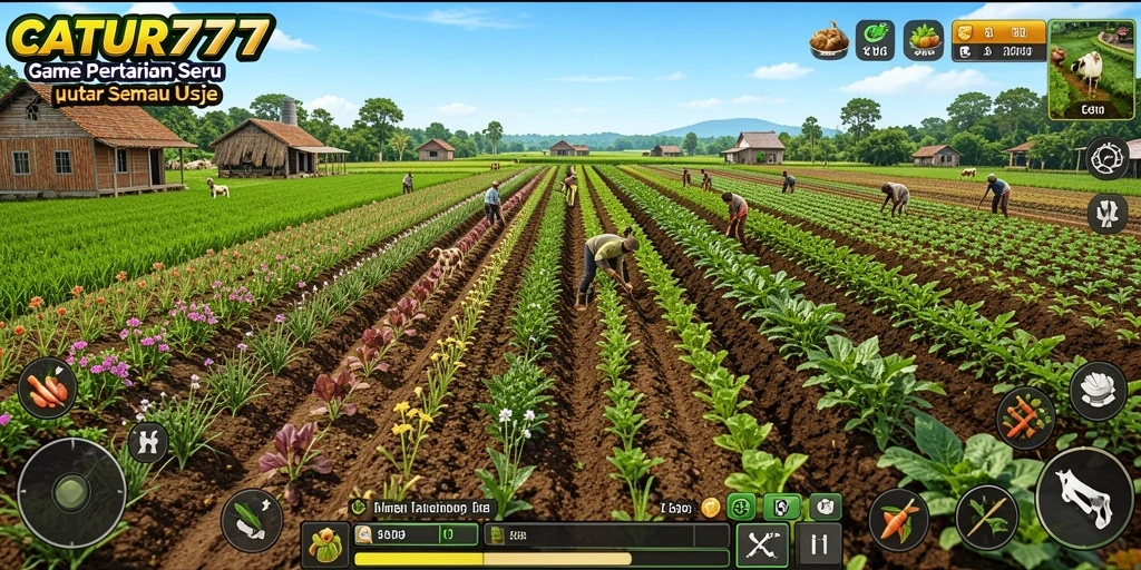 Tampilan permainan <strong>CATUR777</strong> saat berinteraksi dengan ladang dan hewan.