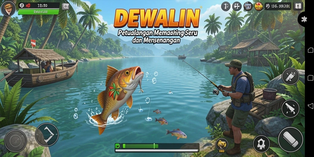 Screenshot DEWALIN menampilkan pemain sedang menangkap ikan di danau.