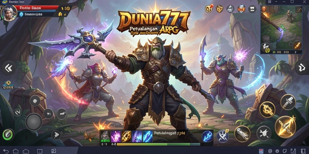 Screenshot gameplay DUNIA777 menunjukkan pertarungan seru di dunia fantastis.