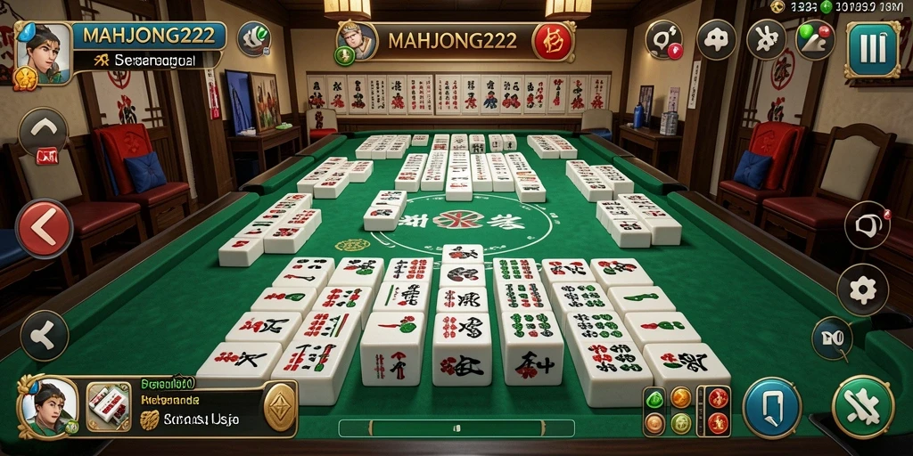 Screenshot menampilkan gameplay seru dari MAHJONG222 dengan ubin Mahjong yang berwarna-warni.