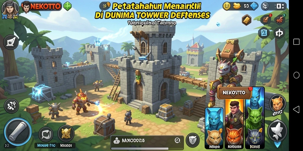 Screenshot gameplay NEKOTOTO yang menunjukkan strategi menara pertahanan yang mendebarkan.
