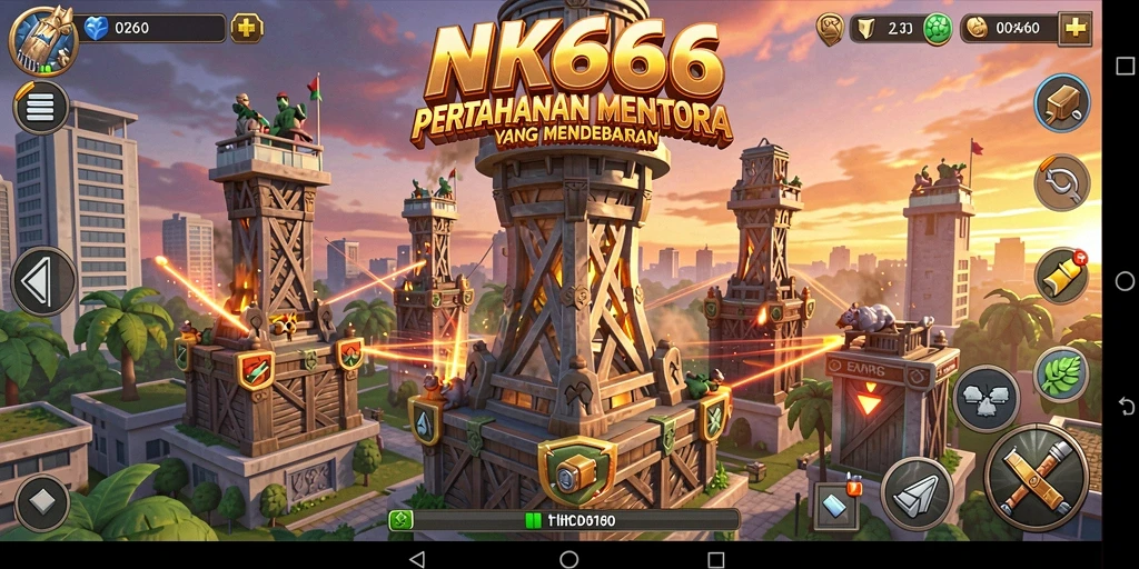 Tampilan gameplay NK666 dengan menara pertahanan yang strategis.