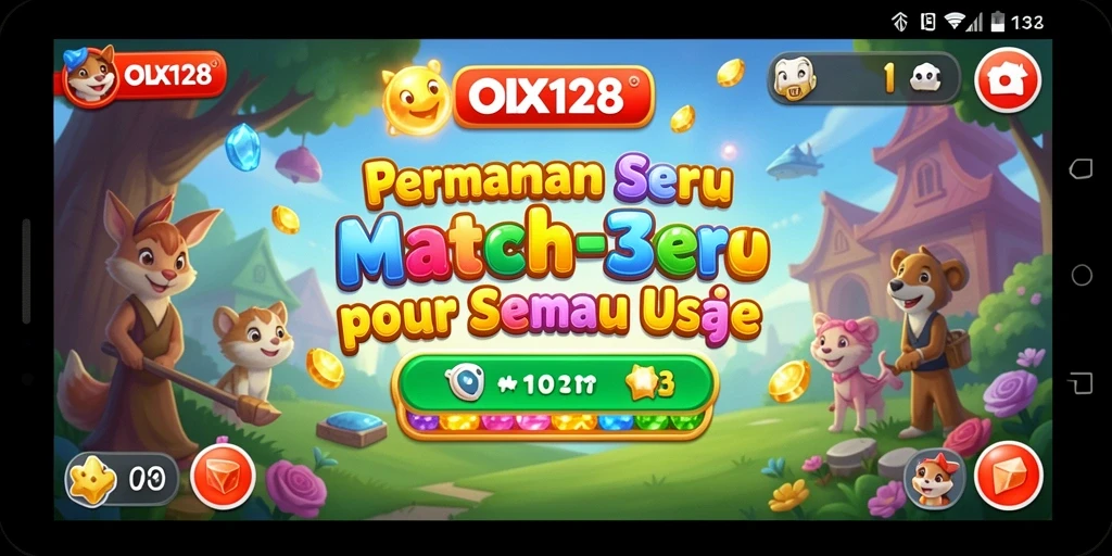 Screenshot utama OLX128 menampilkan gameplay Match-3 yang seru.
