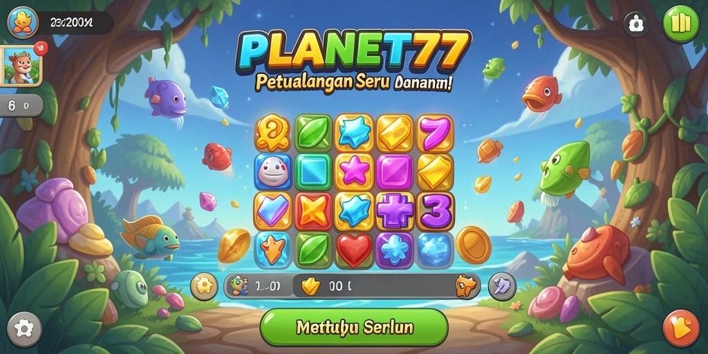 Screenshot gameplay PLANET77 menunjukkan momen mencocokkan item seru.