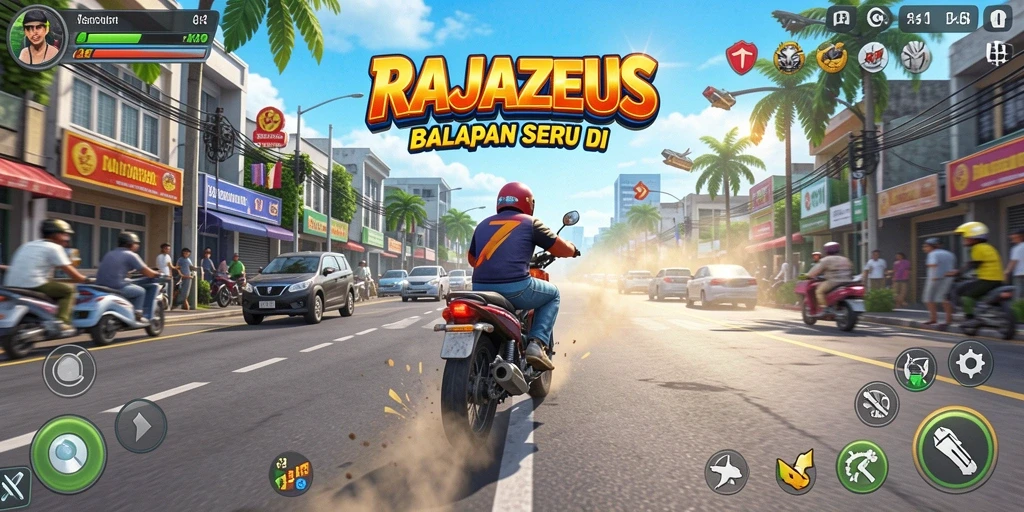 Tampilan gameplay seru dari balapan RAJAZEUS di jalanan.