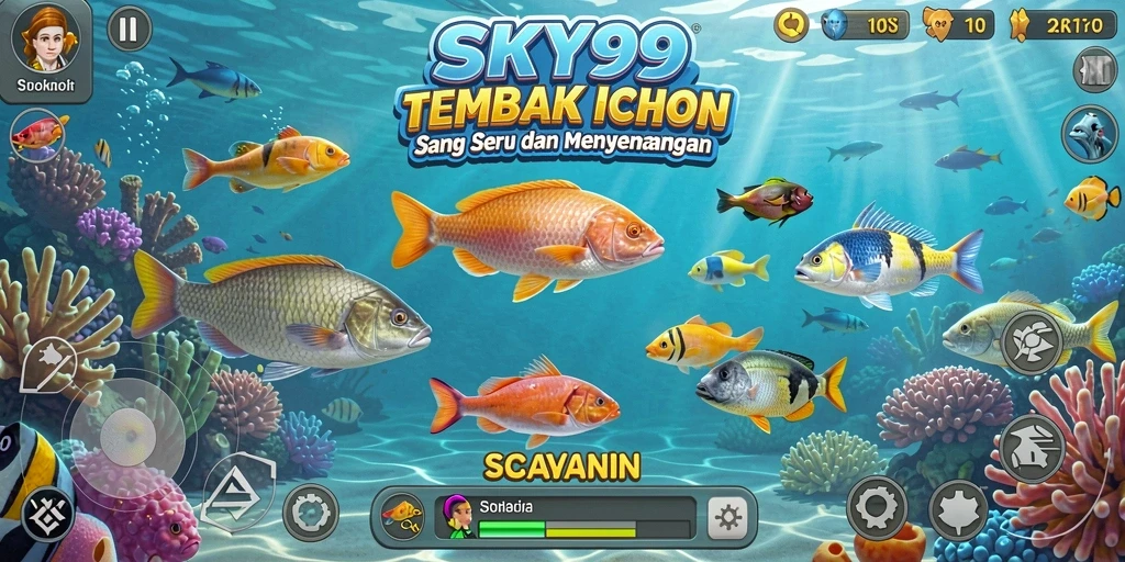 Tampilan gameplay <strong>SKY99</strong> yang menegangkan saat menembak ikan-ikan berwarna.