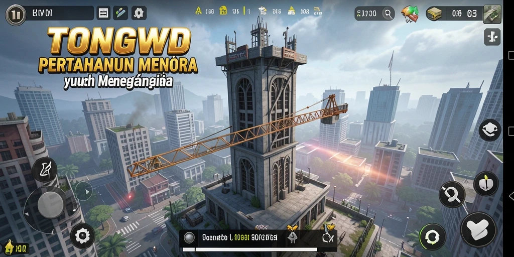 Tampilan gameplay TONGWD dengan menara yang megah dan serangan musuh.