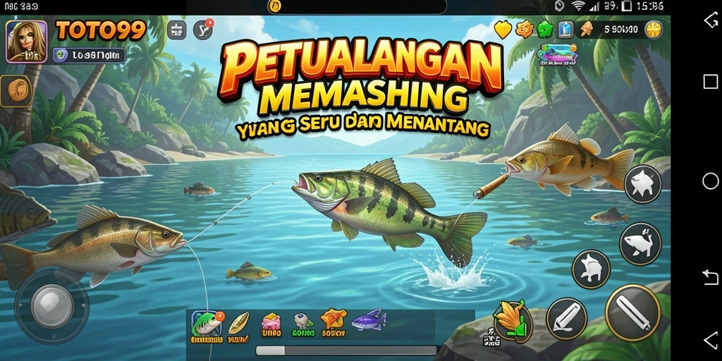 Screenshot gameplay TOTO99 menampilkan pemain sedang memancing di laut yang indah.
