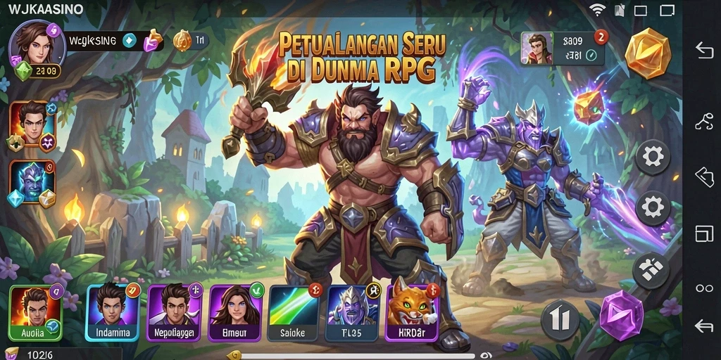 Screenshot gameplay WJKASINO menampilkan pertarungan epik dan eksplorasi dunia.
